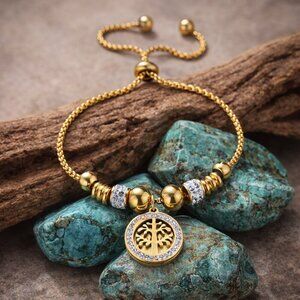 18K Gold Plated Stainless Steel Tree Of Life Cubic Zirconia Talisman Bolo Slider